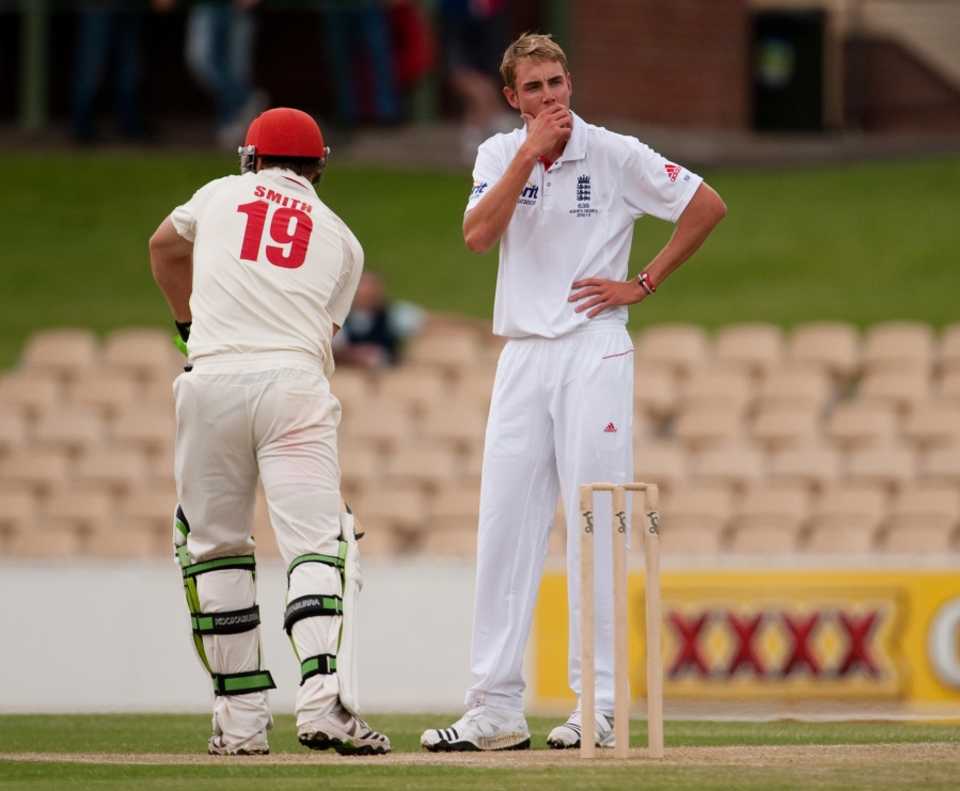 Stuart Broad contemplates his luck in a wicketless second-innings spell, South Australia v England XI, Adelaide, November 13, 2010