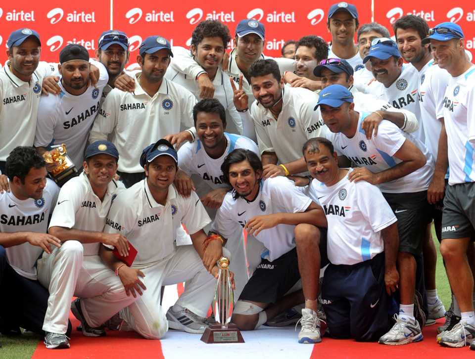 The Indian team celebrates their victory in the Test series against New Zealand
