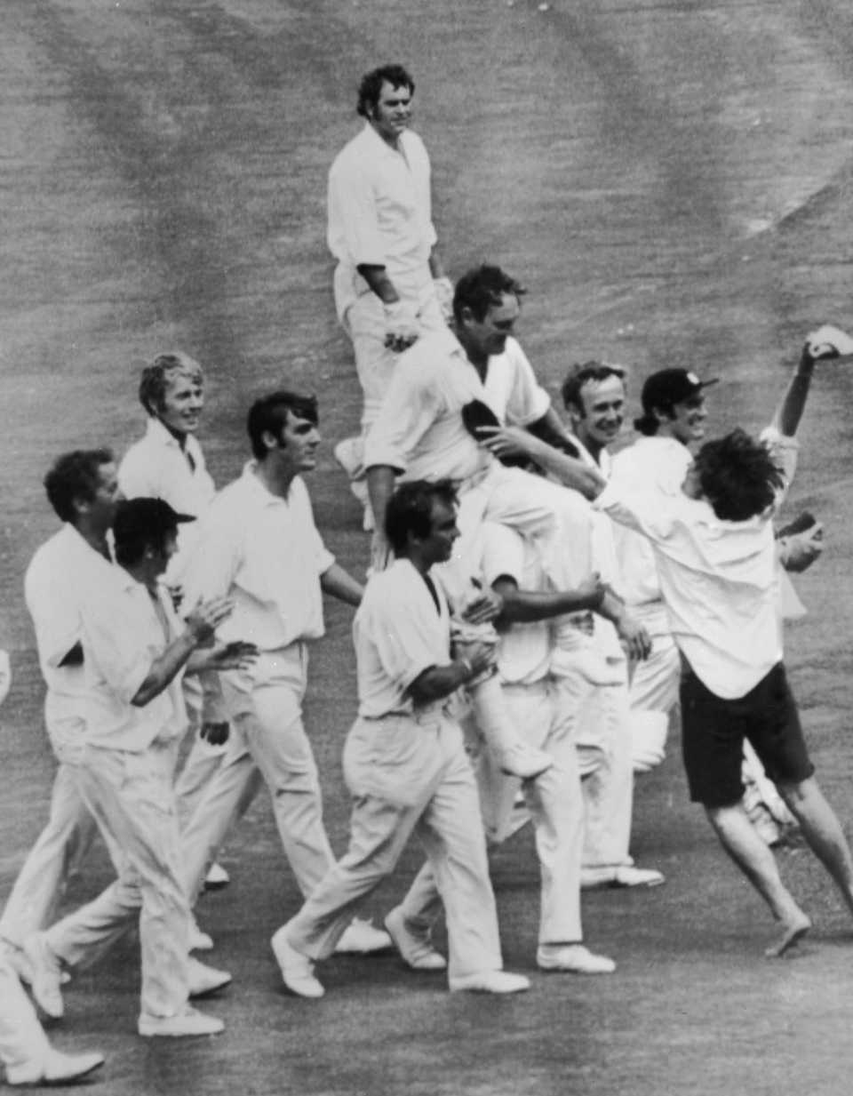 England captain Ray Illingworth is lifted onto the shoulders of his team-mates after the Ashes win