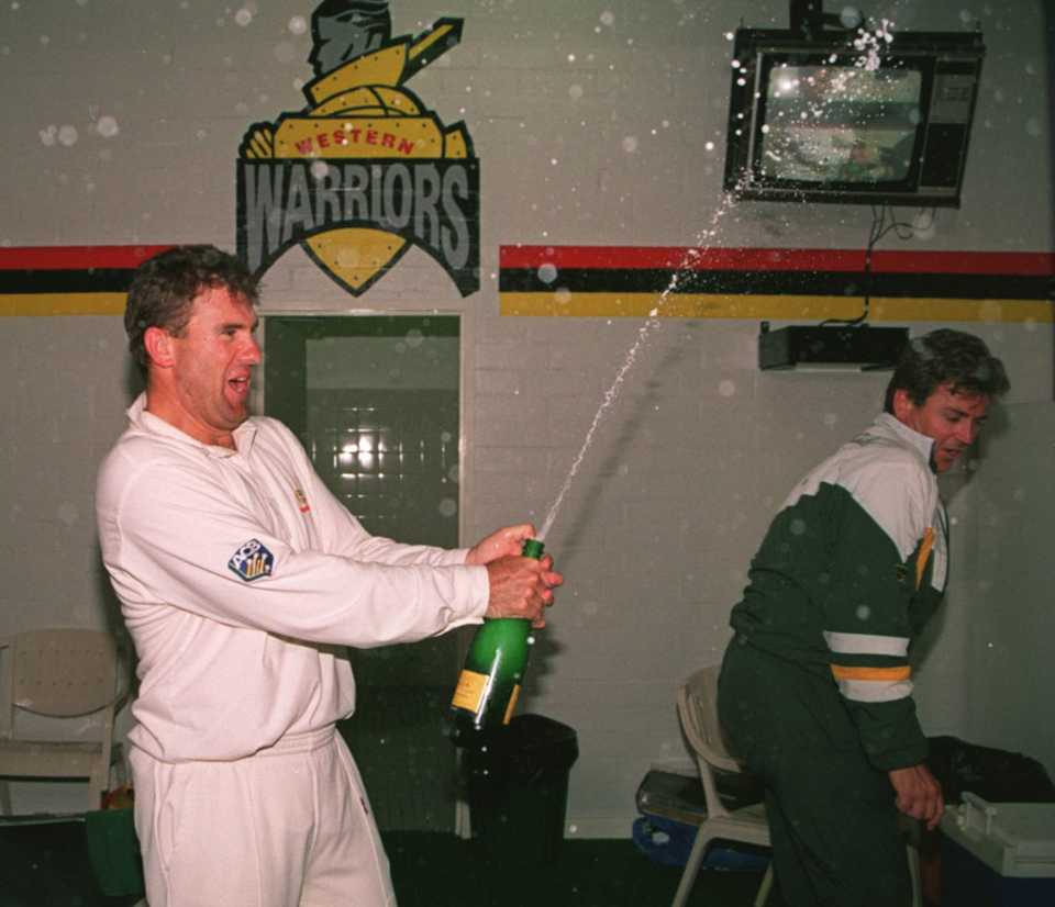 Mark Taylor celebrates the Ashes win with Mark Waugh in the dressing room, Australia v England, 5th Test, Perth, 5th day, February 7, 1995
