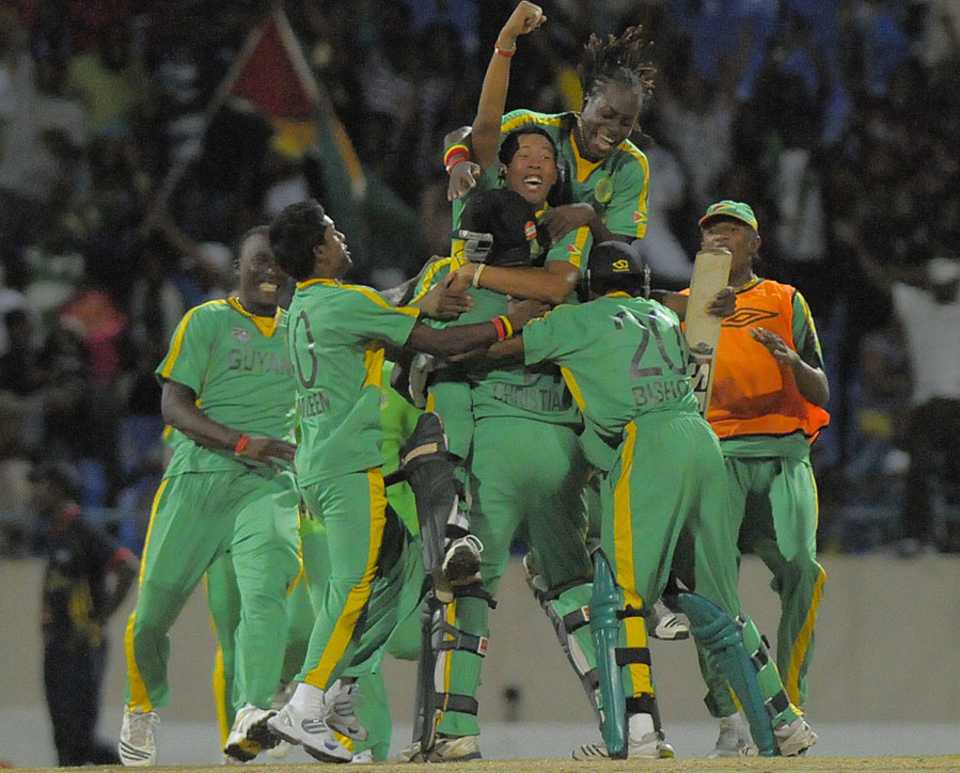 Guyana celebrate their thrilling two-wicket win