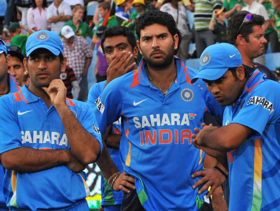 MS Dhoni, Yuvraj Singh, R Ashwin and Rohit Sharma at the post-match presentation after India lost the series