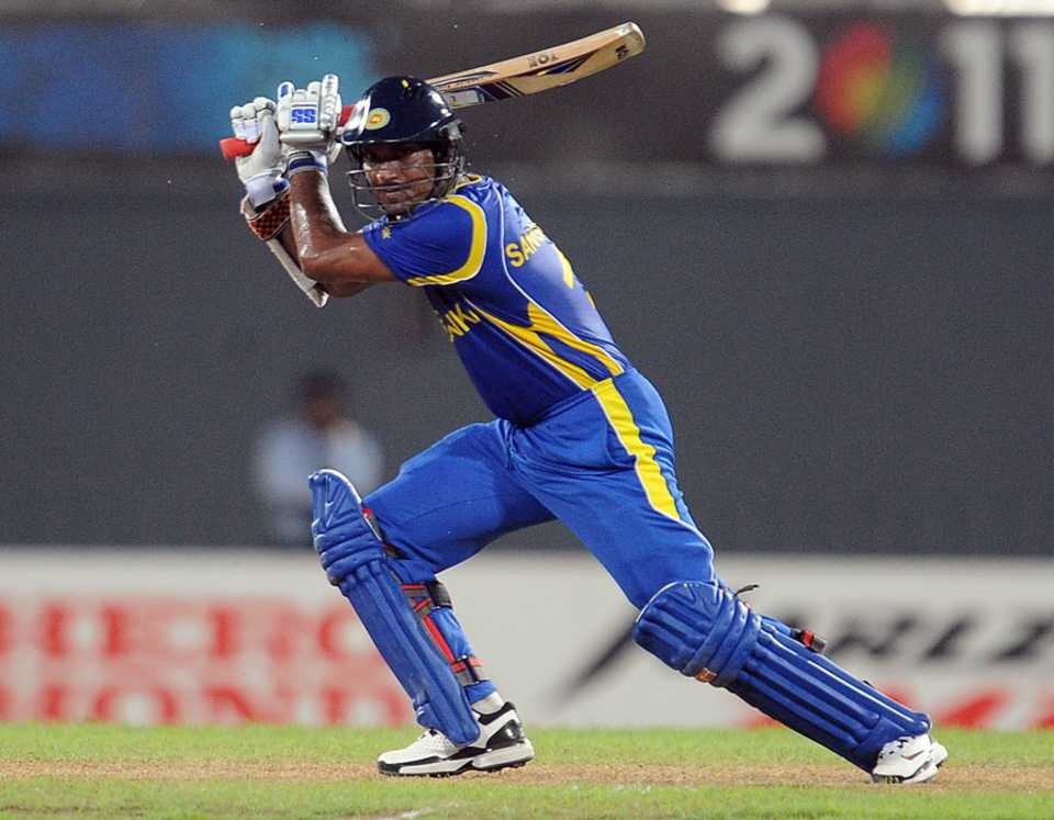 Kumar Sangakkara plays one to the off side during his 71