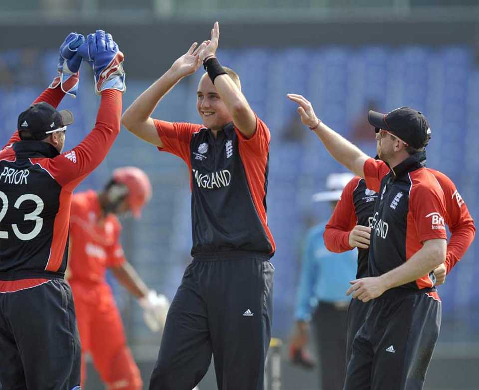 Stuart Broad marked his return from injury and illness with five wickets, Canada v England, World Cup 2011 Warm-up match, Fatullah, February 16, 2011