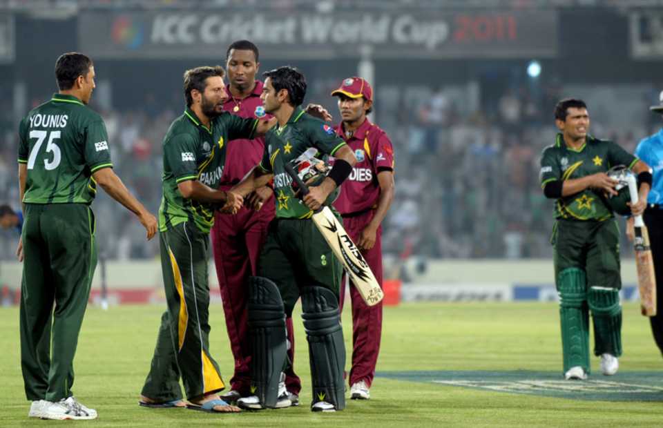 Shahid Afridi congratulates Mohammad Hafeez as Pakistan win by ten wickets, West Indies v Pakistan, 1st quarter-final, World Cup 2011, March 23, 2011