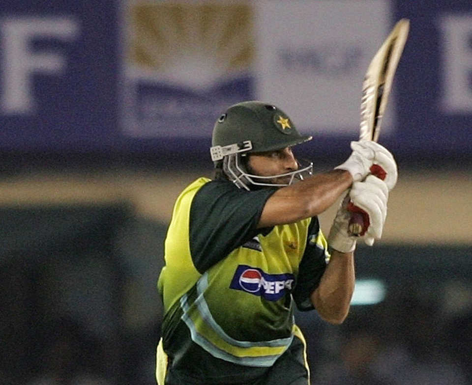 Shahid Afridi muscles the ball towards deep midwicket, India v Pakistan, 2nd ODI, Mohali, November 8, 2007
