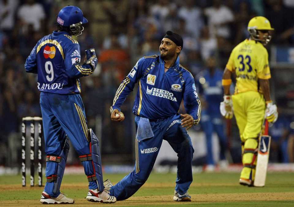 Harbhajan Singh and Ambati Rayudu celebrate a wicket, Mumbai Indians v Chennai Super Kings, IPL 2011, Mumbai, April 22, 2011