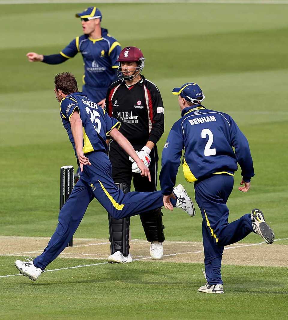 Neil Saker removed Marcus Trescothick for a duck