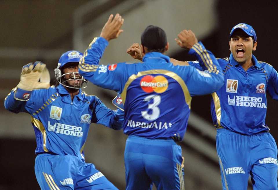 Harbhajan Singh celebrates after striking first ball