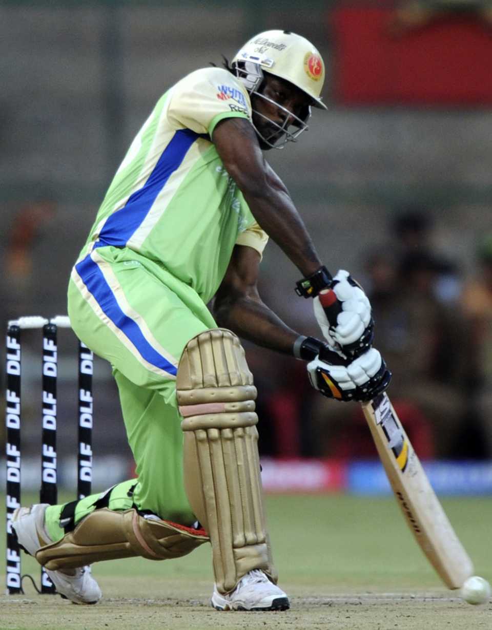 Chris Gayle is about to loft down the ground