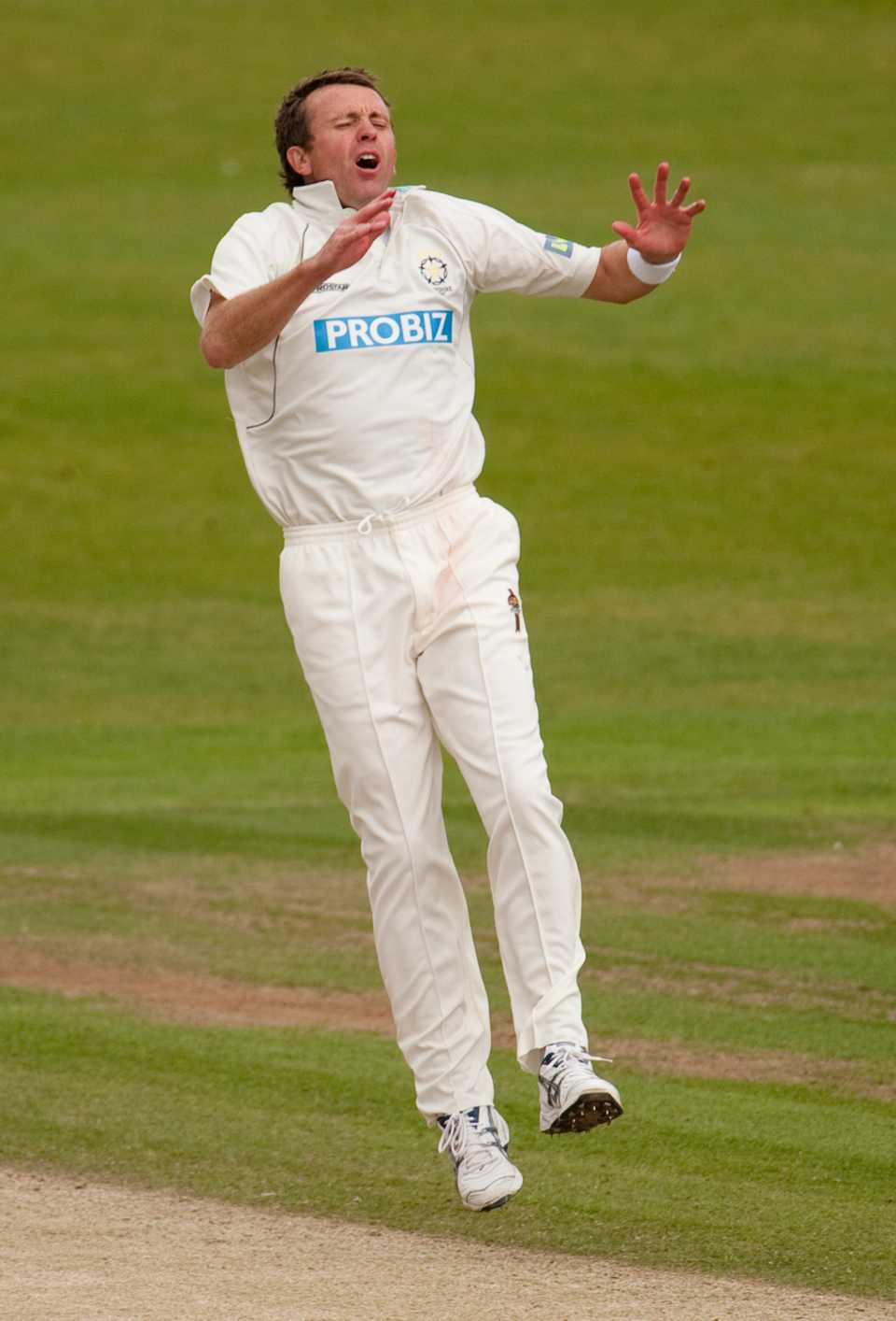 Dominic Cork reacts to a near miss against Yorkshire