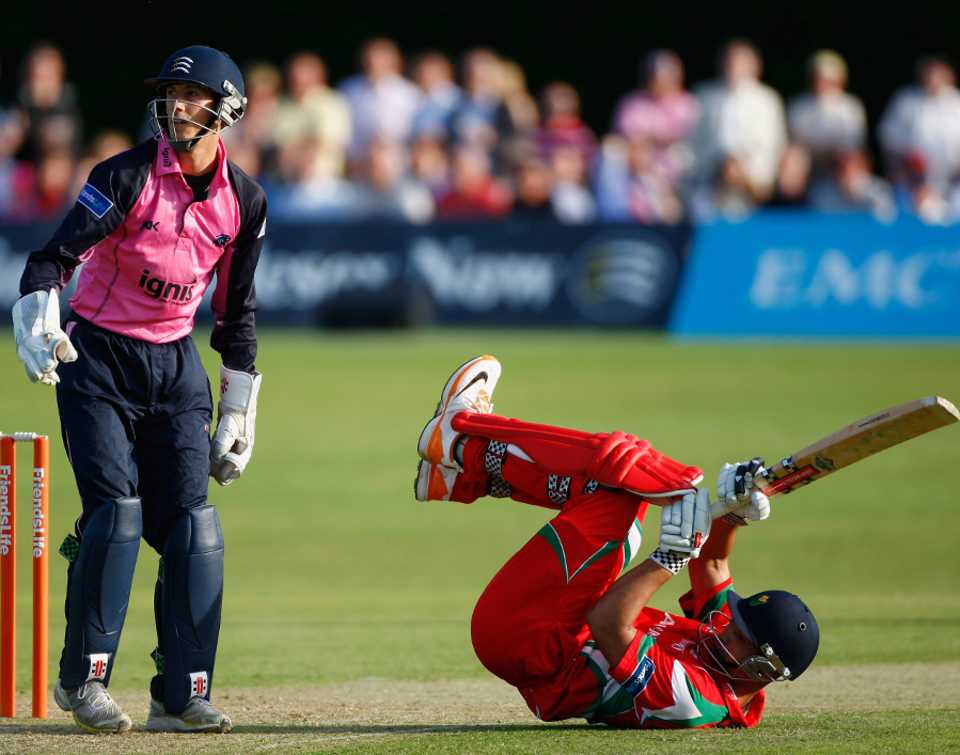 Alviro Petersen got himself into an awkward position trying to scoop the ball over the keeper, Middlesex v Glamorgan, Friends Life t20, Richmond, June 14 2011