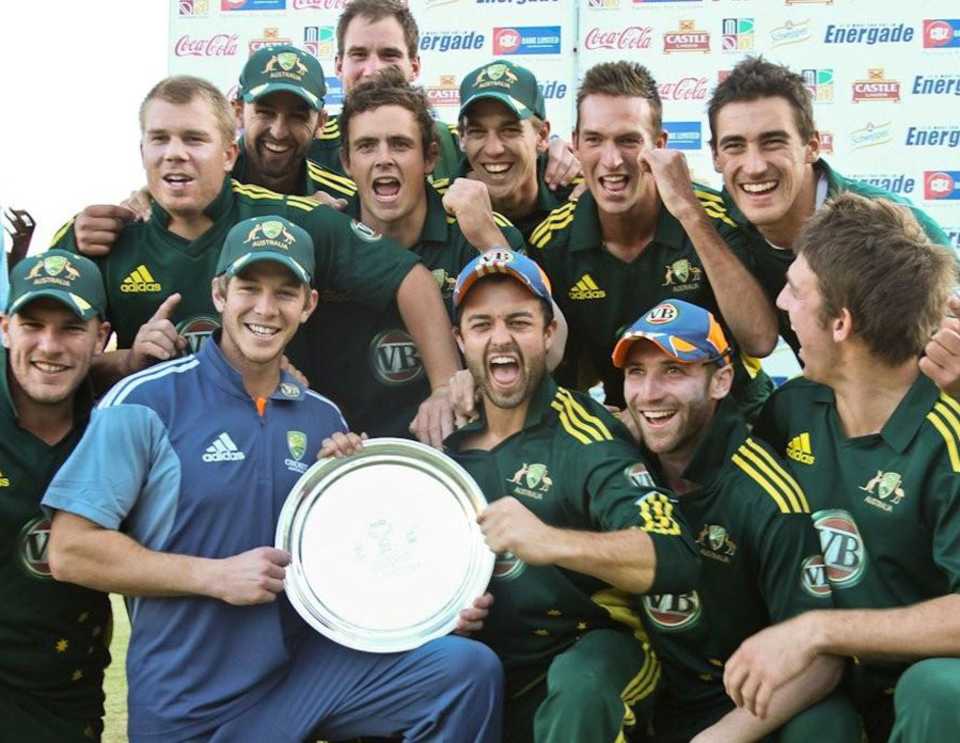 Australia A celebrate with the tri-series trophy