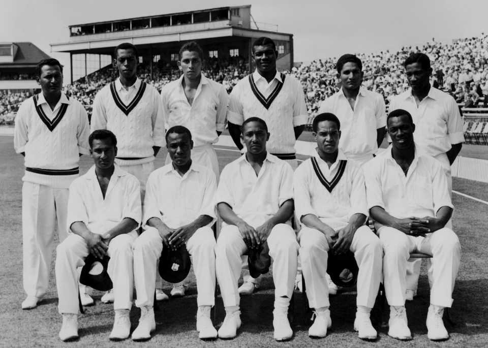 The West Indies XI for the first Test at Old Trafford. Back row, left to right: Joe Solomon, Lance Gibbs, Joey Carew Charlie Griffith, Deryck Murray and Basil Butcher. Front row, left to right: Rohan Kanhai, Conrad Hunte (1932 - 1999), Frank Worrell (1924 - 1967), Garfield Sobers, and Wes Hall, England v West Indies, Old Trafford, 4th day, June 10, 1963