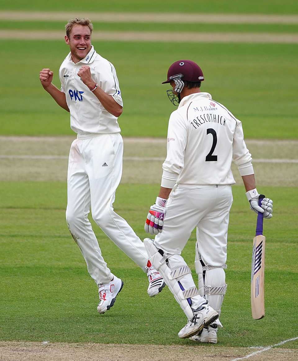 Stuart Broad claimed the big wicket of Marcus Trescothick
