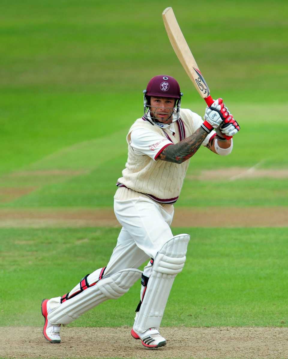 Peter Trego plays a stroke through the off side, Somerset v Indians, Taunton, 3rd day, July 17, 2011