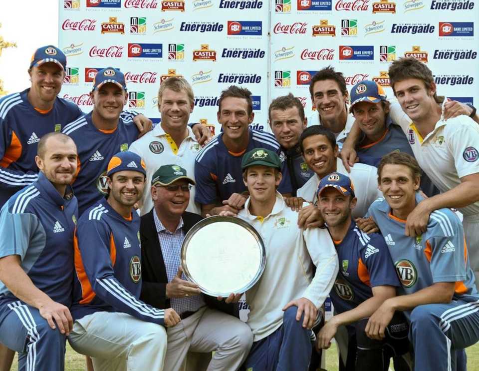 Australia A pose with the trophy after defeating Zimbabwe XI