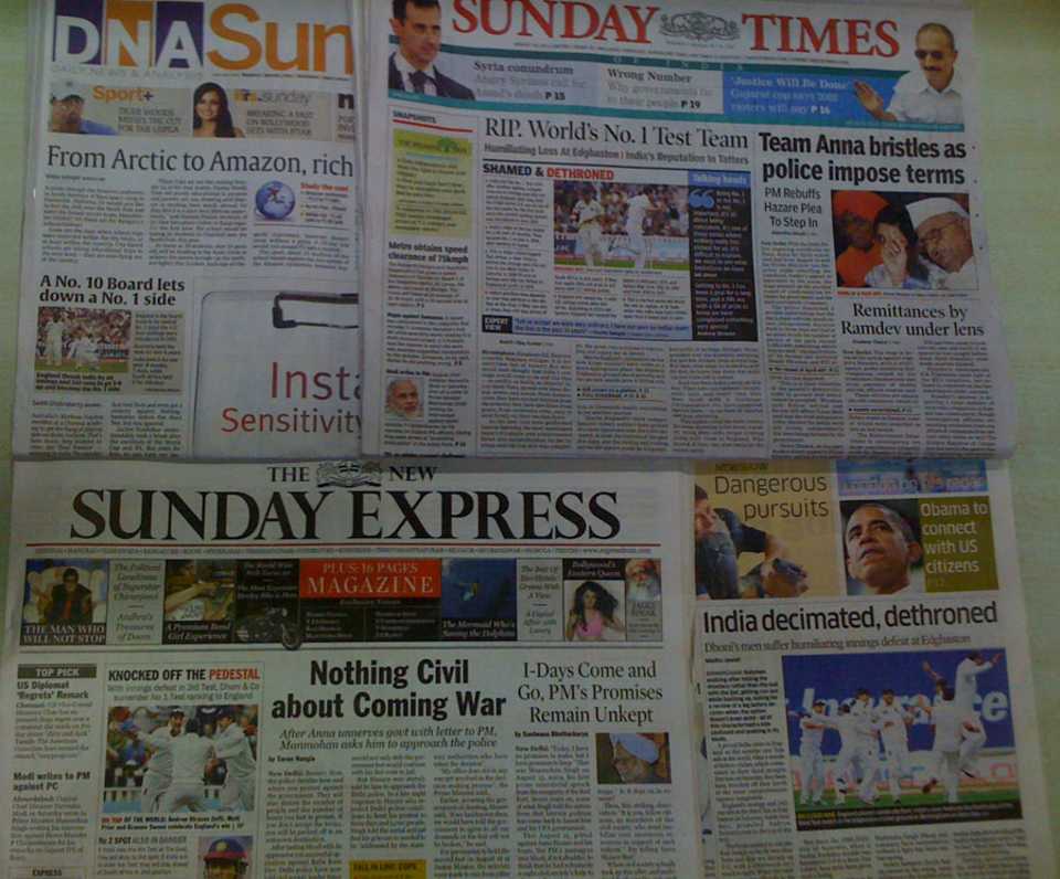 India's dethroning as the World No. 1 hits the front pages back home, August 14, 2011