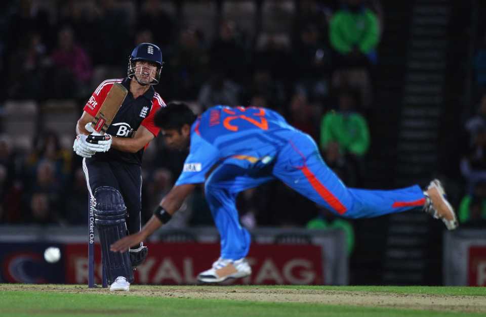 Alastair Cook pushes the ball past the bowler