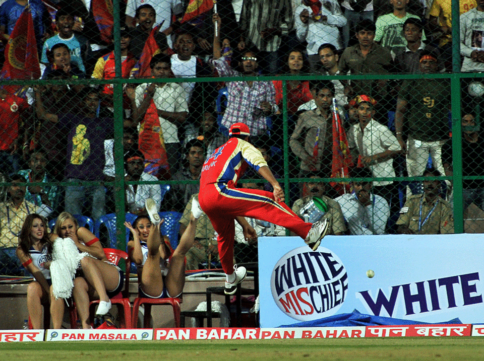 Mayank Agarwal jumps to stop a six, Royal Challengers Bangalore v Warriors, Champions League Twenty20, Bangalore, September 23, 2011