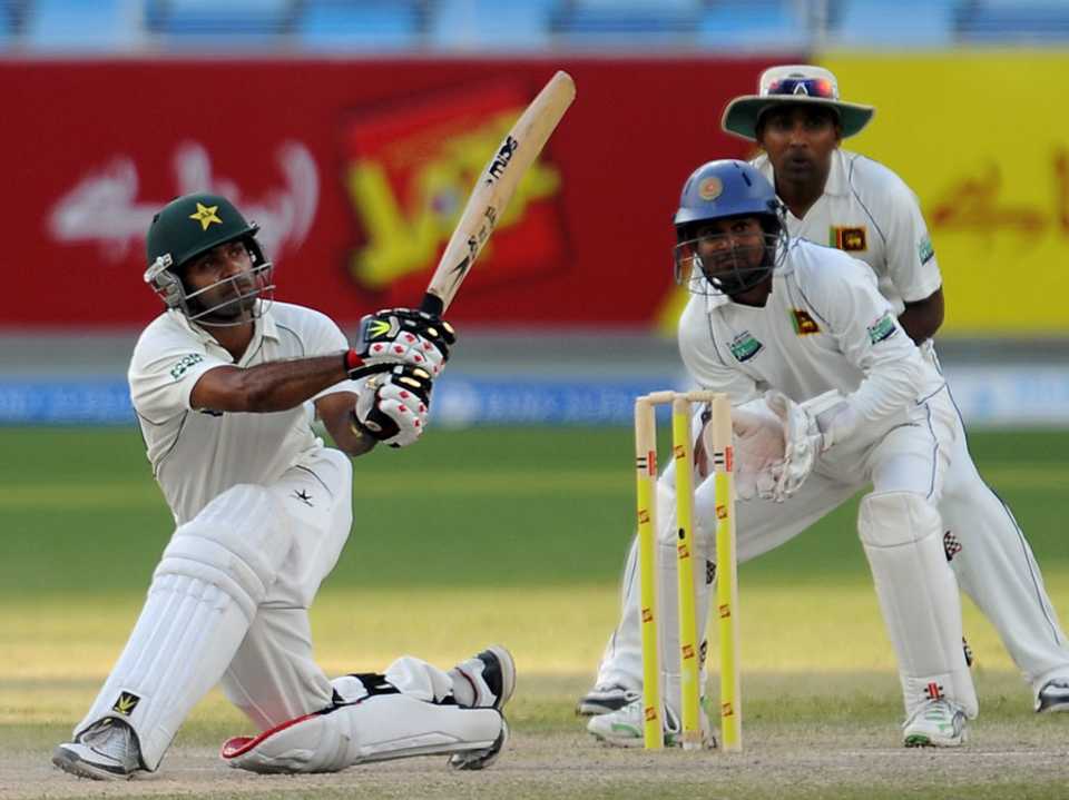 Mohammad Hafeez hits out on his way to a half-century, Pakistan v Sri Lanka, 2nd Test, Dubai, 4th day, October 29, 2011