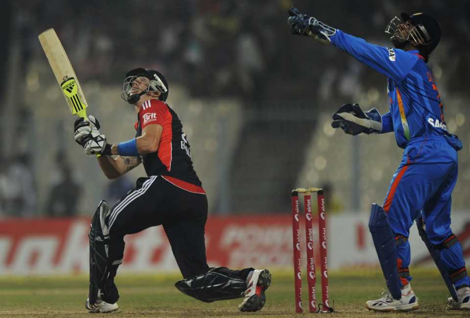 Kevin Pietersen hits one in the air, India v England, Only Twenty20, Eden Gardens, October 29, 2011