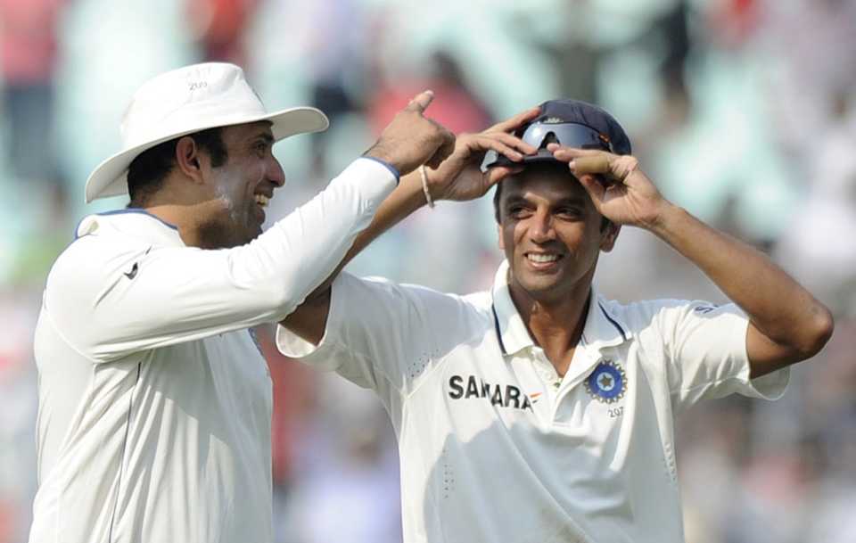 VVS Laxman and Rahul Dravid celebrate the win