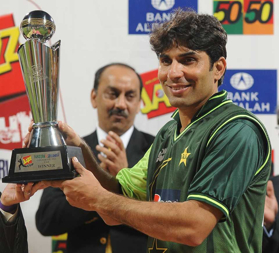 Misbah-ul-Haq poses with the trophy after Pakistan's 4-1 win, Pakistan v Sri Lanka, 5th ODI, Abu Dhabi, November 23, 2011 