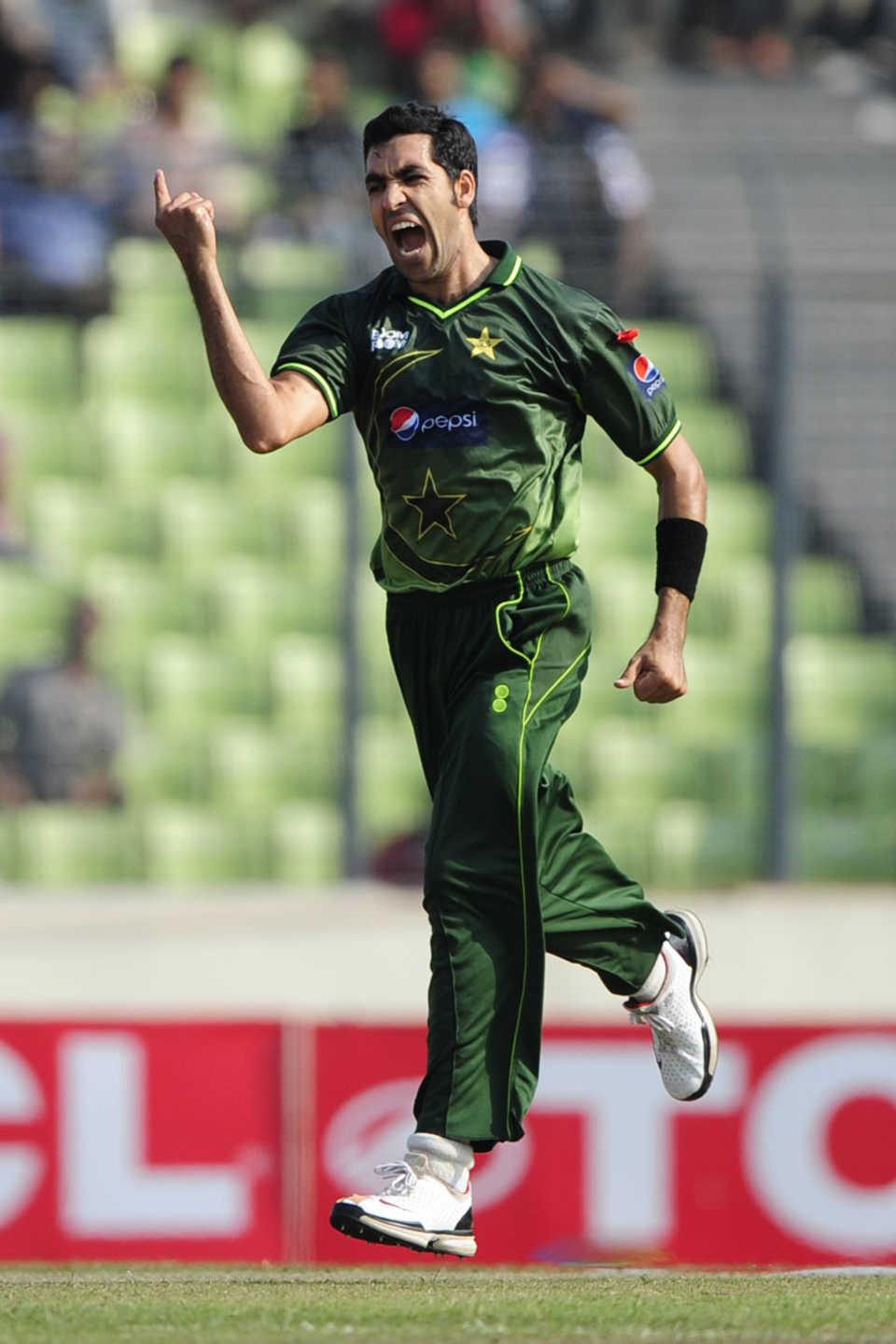 Umar Gul is pumped up after taking a wicket