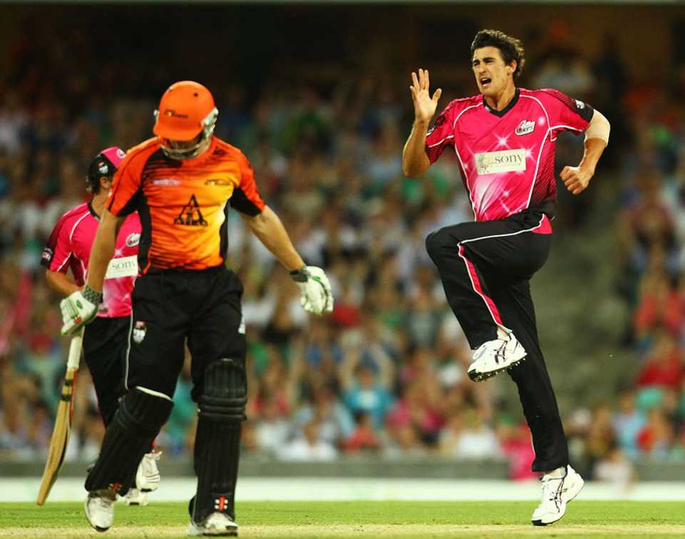 Mitchell Starc is thrilled with the wicket of Shaun Marsh, Sydney Sixers v Perth Scorchers, BBL, Sydney, January 18, 2012