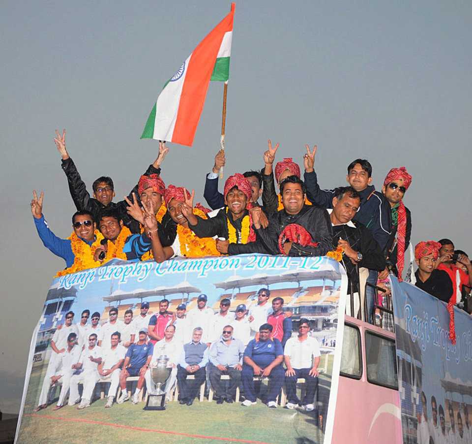 Rajasthan celebrate their Ranji Trophy triumph with an open-top bus ride
