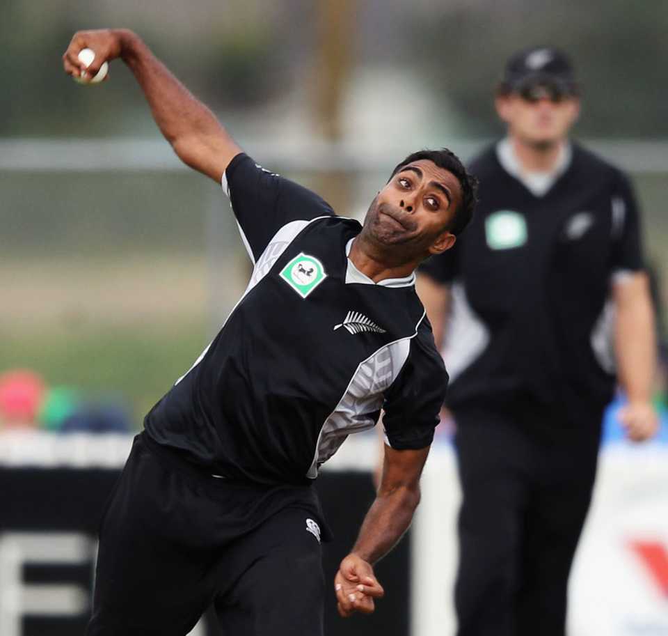 Legspinner Tarun Nethula in his delivery stride, New Zealand v Zimbabwe, 2nd ODI, Whangarei, February 6, 2012