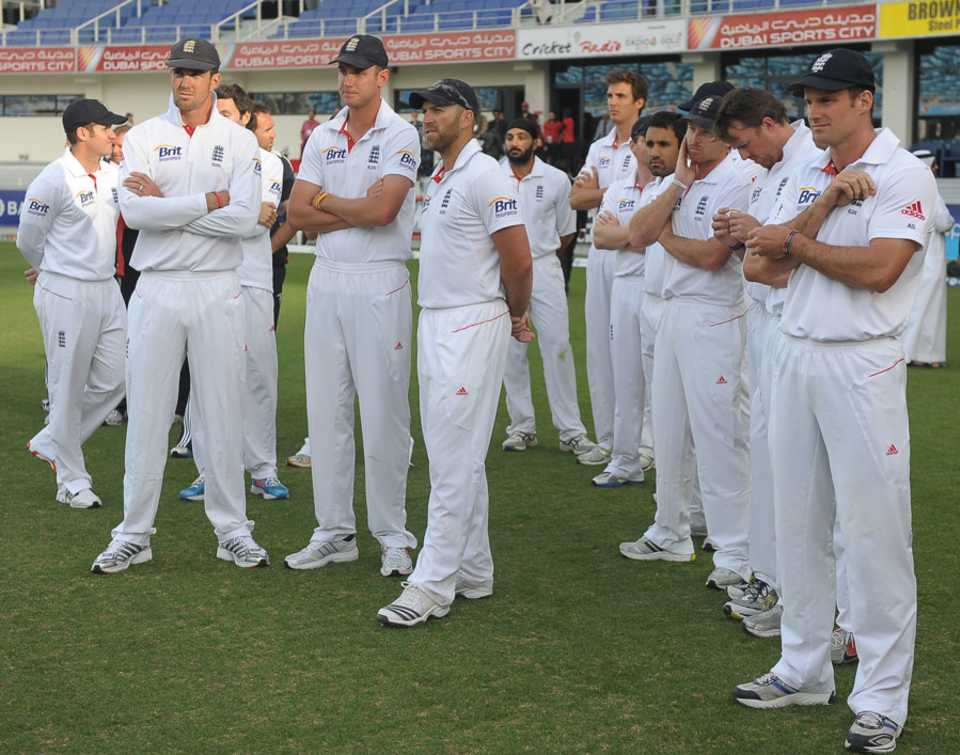 Glum faces in the England side following the whitewash, Pakistan v England, 3rd Test, Dubai, 4th day, February 6, 2012 