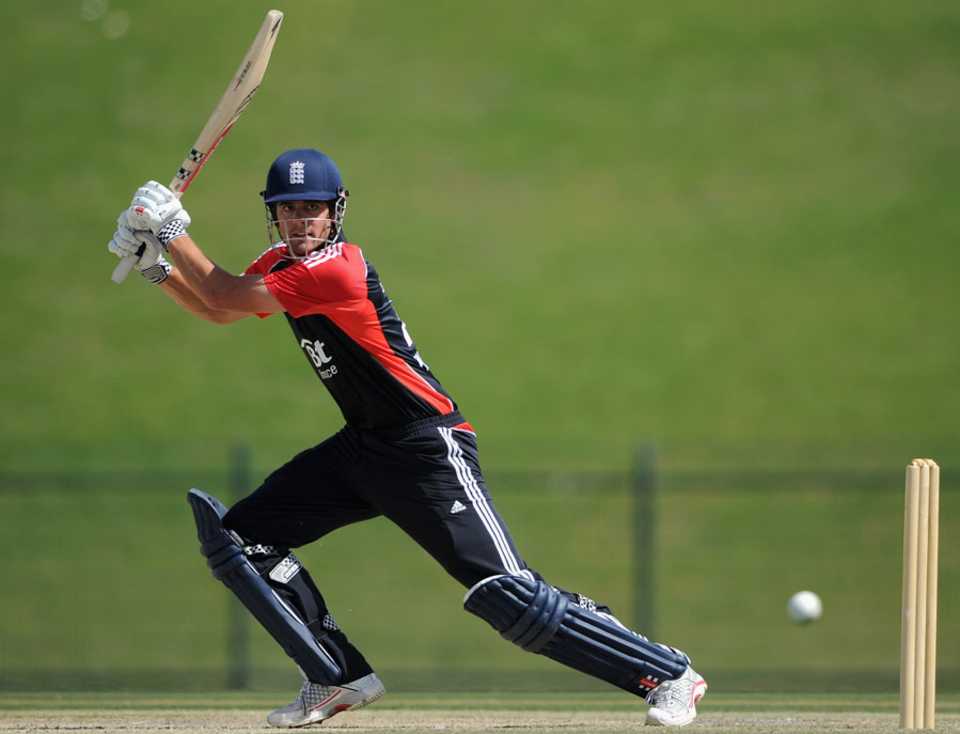 Alastair Cook plays one square on the off side, England XI v England Lions, Abu Dhabi, February 10, 2012