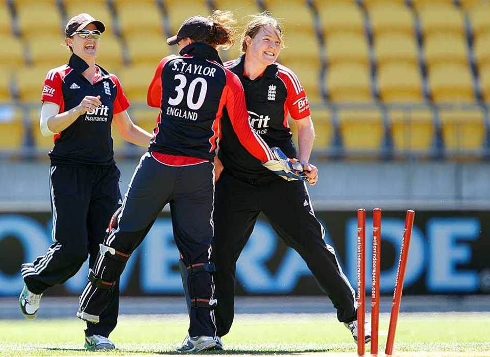 Anya Shrubsole celebrates one of her five wickets, New Zealand women v England women, 1st T20I, Wellington, February 17, 2012
