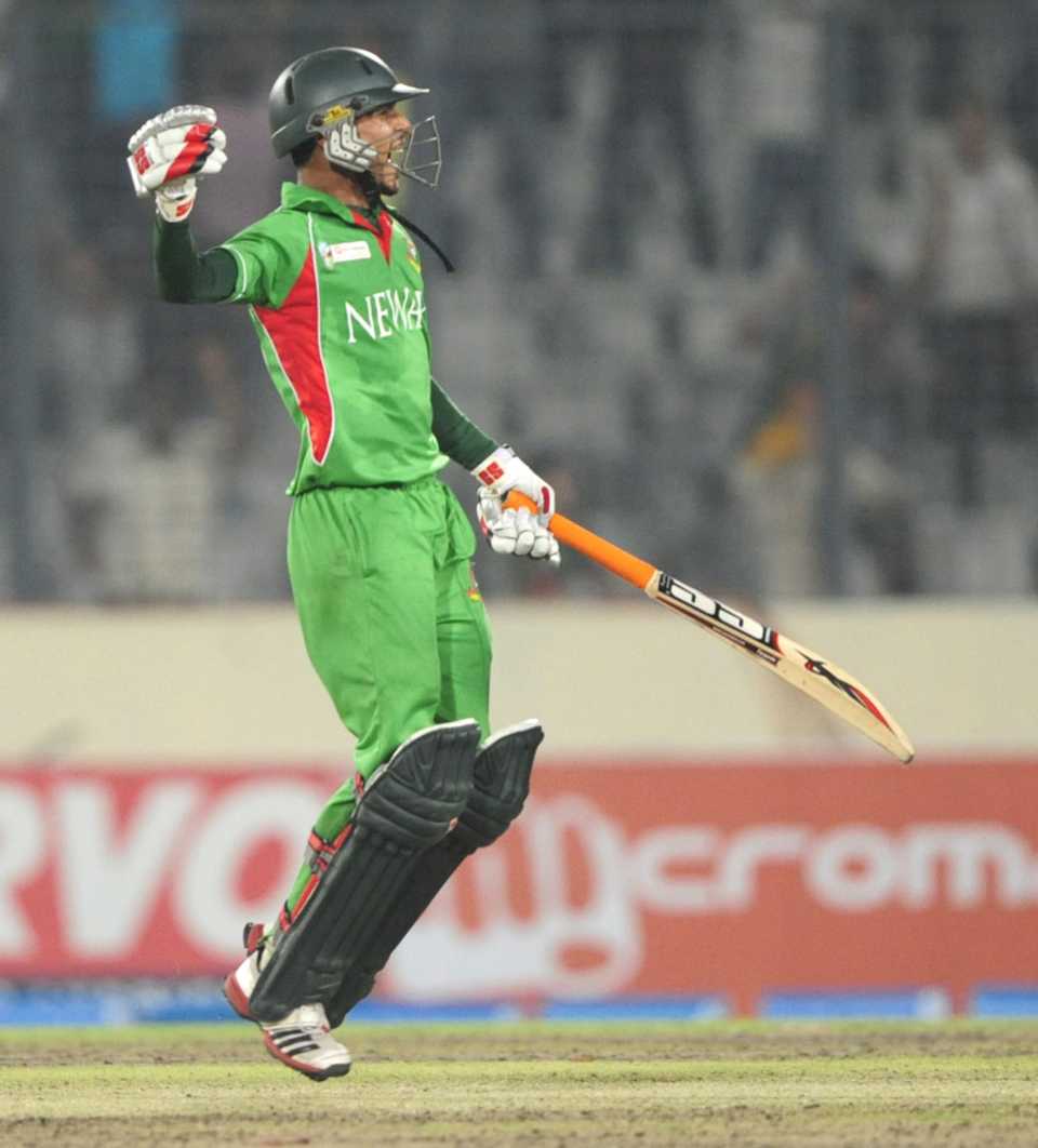 Nasir Hossain jumps in celebration of Bangladesh's win 