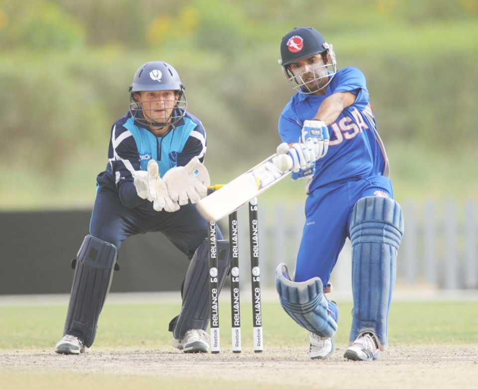 Aditya Mishra hits out on his way to a half-century, Scotland v USA, World Twenty20 Qualifier, Dubai, 20 March