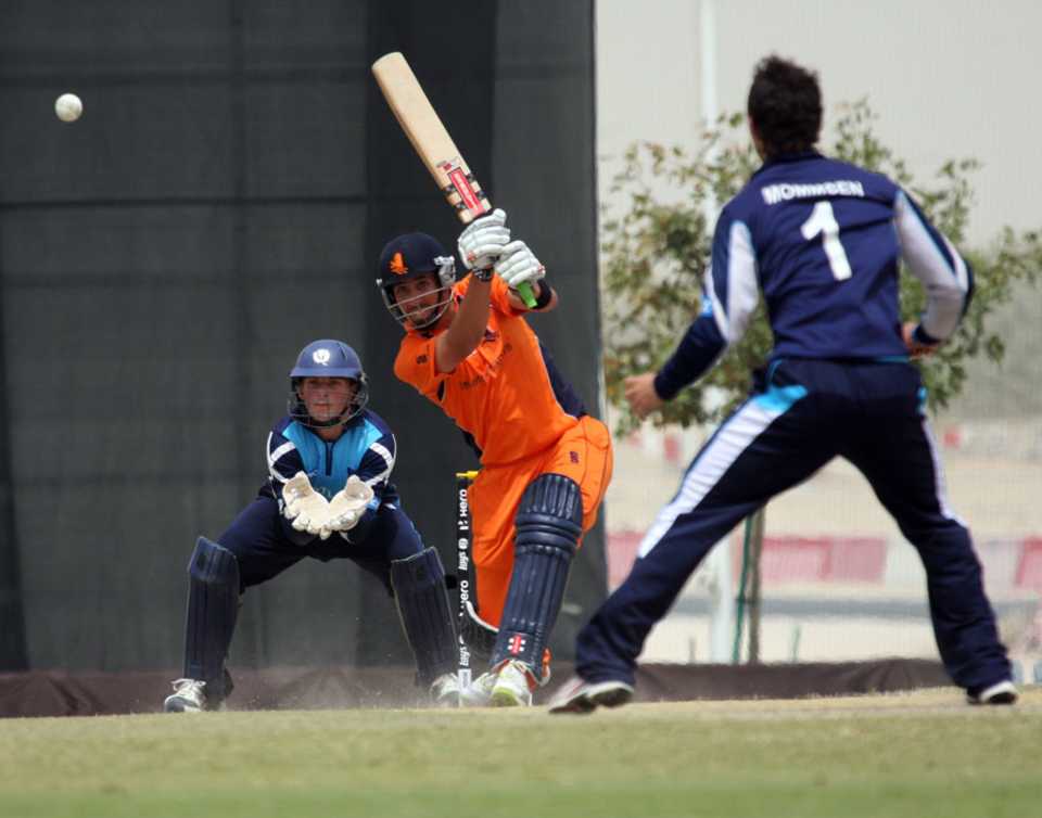 Tom Cooper drives during his innings of 60, Netherlands v Scotland, World Twenty20 Qualifier, Dubai, March 22, 2012