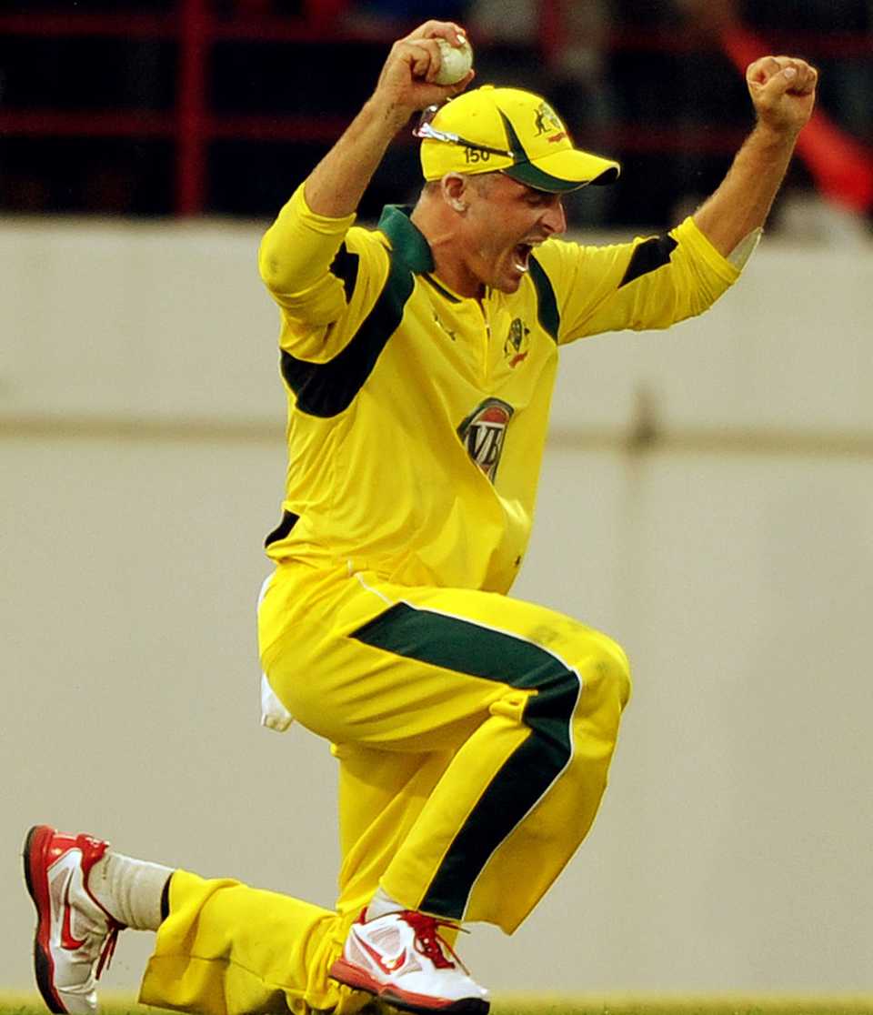 An elated Michael Hussey takes the final catch to seal the victory, West Indies v Australia, 5th ODI, St Lucia, March 25, 2012