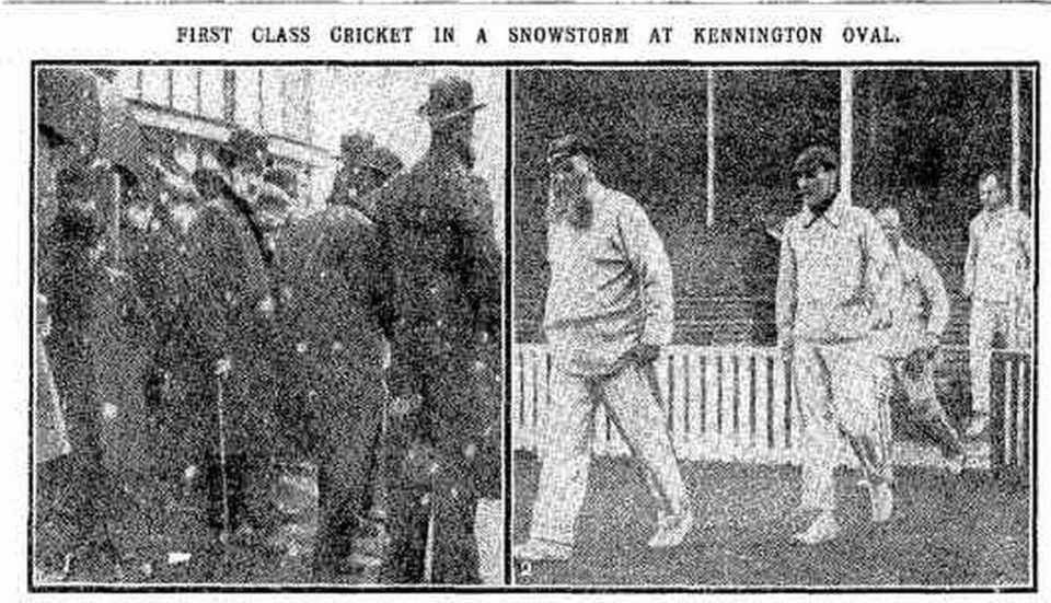 Snow and cold was the backdrop for WG Grace's final first-class appearance, Surrey v Gentlemen of England, The Oval, April 20, 1908