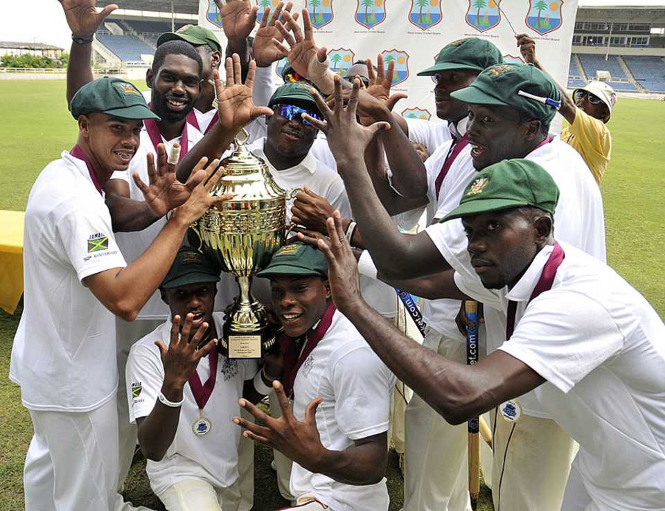 Jamaica celebrate with the Headley-Weekes Trophy, Jamaica v Barbados, Regional Four Day Competition, final, Sabina Park, 4th day, April 16, 2012