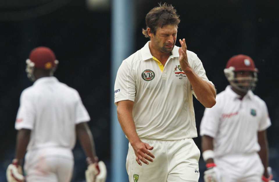 Ben Hilfenhaus reacts as West Indian batsmen put on runs