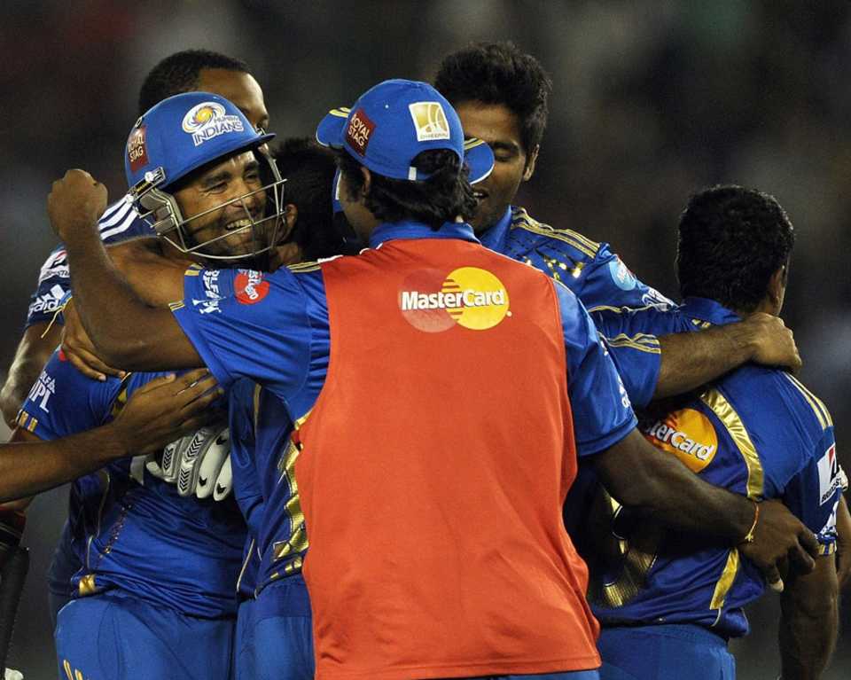 Robin Peterson celebrates a stunning victory with his team-mates, Kings XI Punjab v Mumbai Indians, IPL, Mohali, April 25, 2012