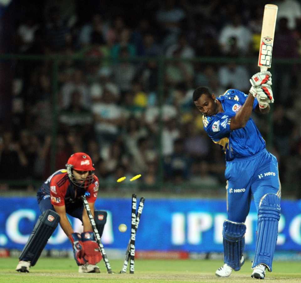 Kieron Pollard was bowled for 16, Delhi Daredevils v Mumbai Indians, IPL, Delhi, April 27, 2012