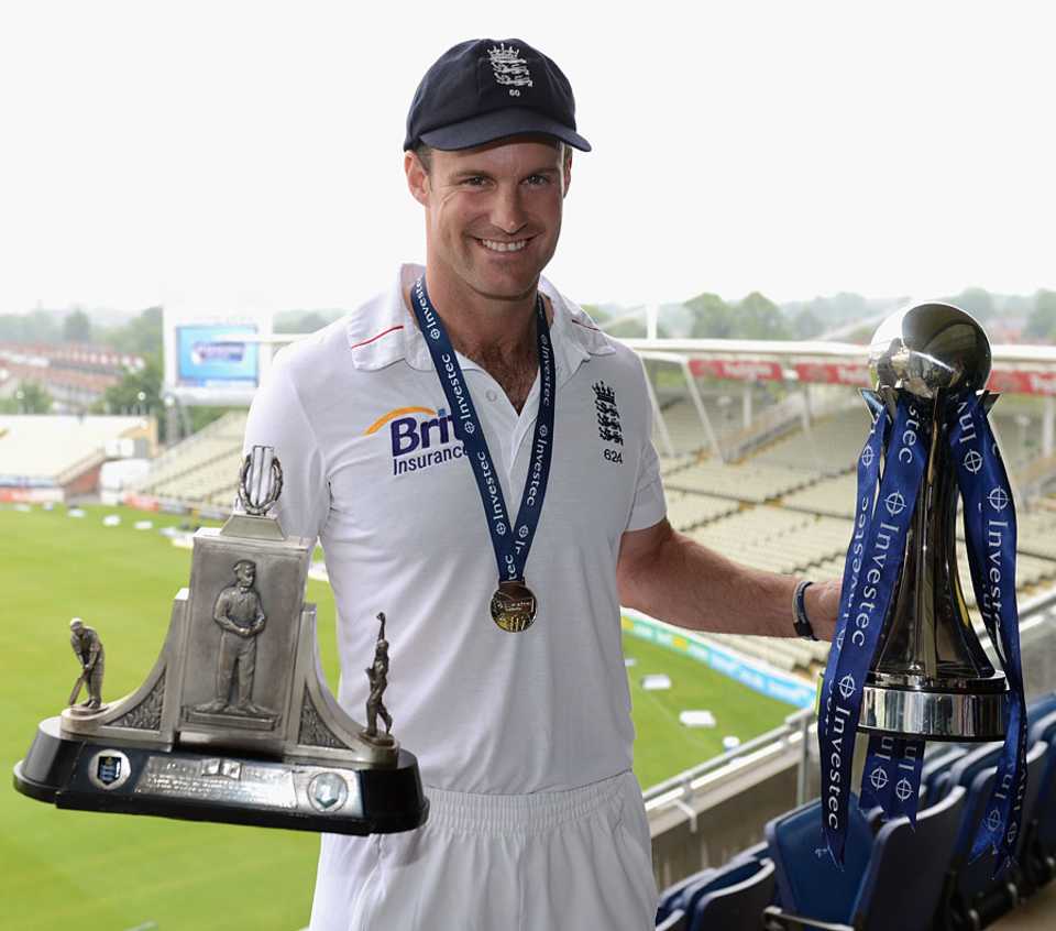 Andrew Strauss with the Wisden Trophy and series prize