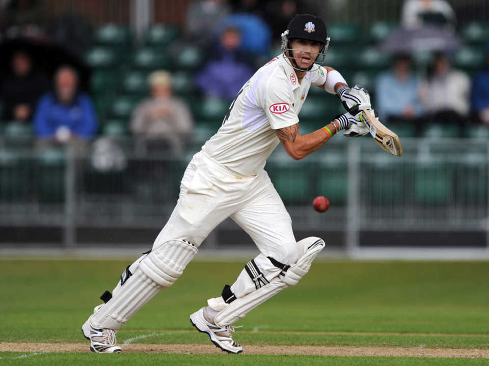 Kevin Pietersen plays a shot on his way to a hundred, Surrey v Lancashire, County Championship, Division One, 3rd day, Guildford, July 11, 2012