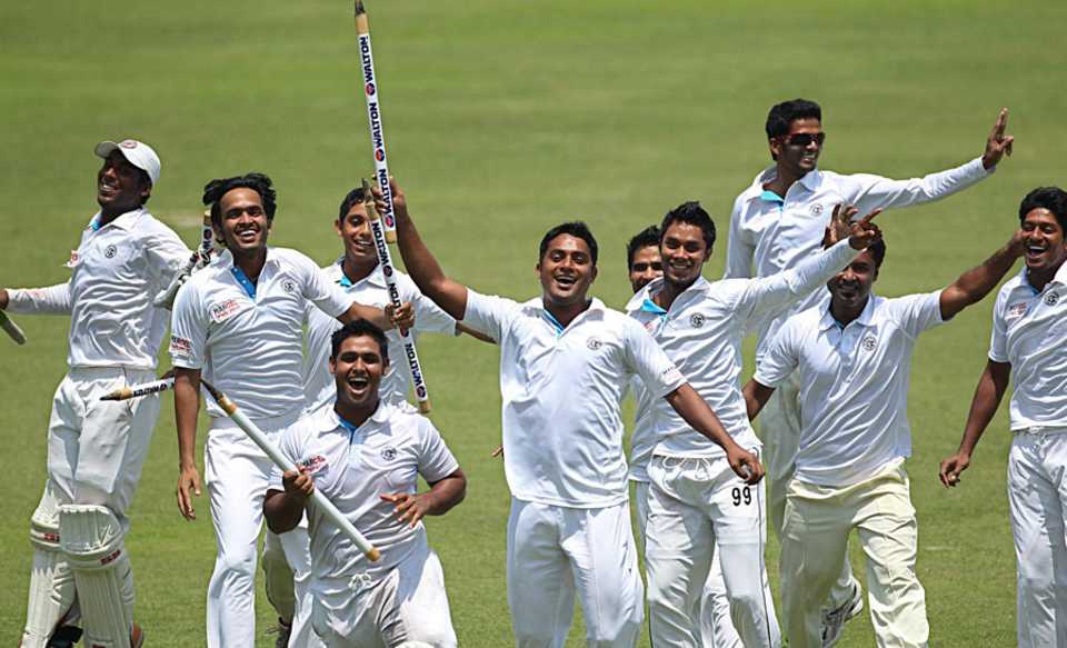 The Rajashahi players break into dance on winning the 2011-12 National Cricket League title, Dhaka, April 28, 2012