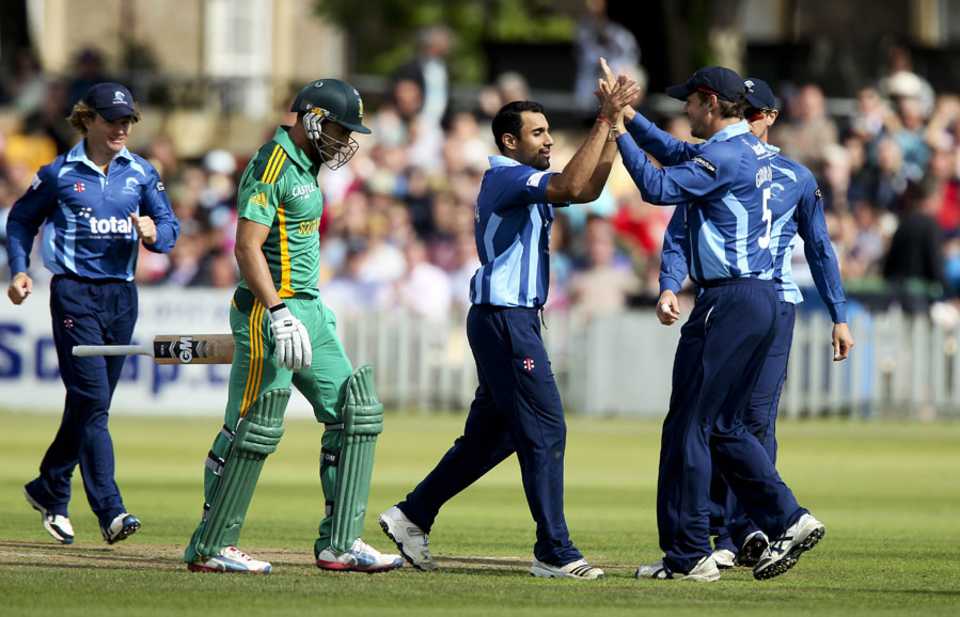 Ravi Bopara celebrates one of his three wickets, Gloucestershire v South Africans, Tour match, Bristol, August 22, 2012