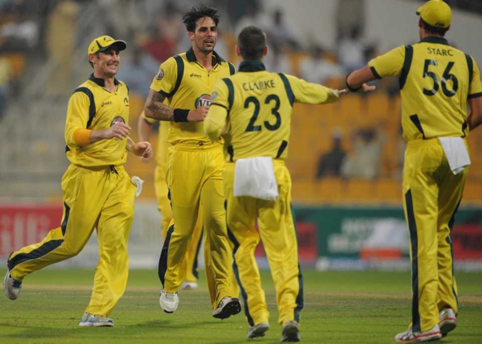 Mitchell Johnson claims the wicket of Nasir Jamshed