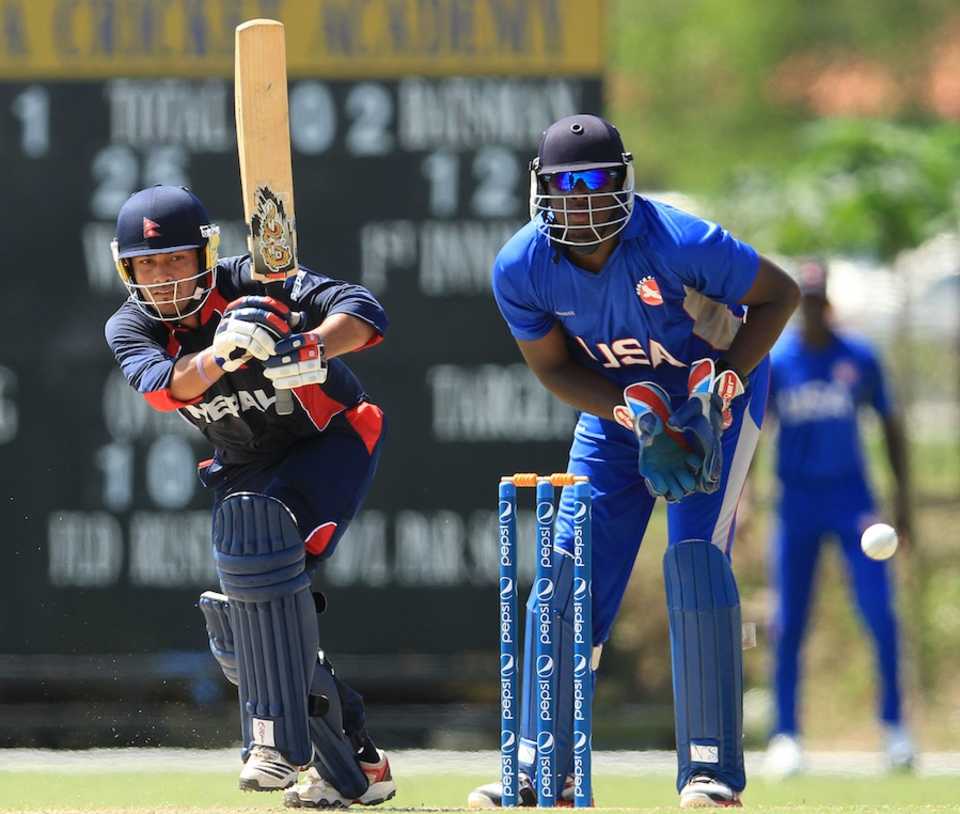 Subash Khakurel plays an on-drive, Nepal v USA, ICC World Cricket League Division Four 2012, Kuala Lumpur, September 7, 2012